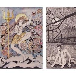 Swami Chandresh (20th Century) (two), FEMALE FIGURE DANCING WITH SWIRLS, 1991, watercolor on pa...