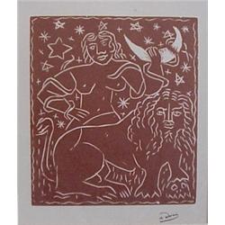 Andre Derain (1880-1954) French, ZODIAC, linocut print, 7 x 6 1/4", full margins, framed with g...