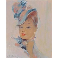 Jean Gabriel Domergue (1889-1962) French, FLOSSIE, oil painting on board, 9 1/2 x 7 3/4", signe...