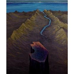 Michael Dvortcsak (20th Century) American, FLUMENOS, 1985, encaustic oil painting on canvas, 72...