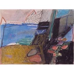 Isabel Field (20th Century) American, OPEN WINDOW, color pastel with collage, 9 x 12", signed....