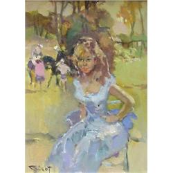 Pierre Grisot (b. 1911) French, WOMAN IN THE PARK, oil painting on canvas, 12 1/2 x 9 1/2", sig...