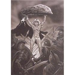 Cory Hill (Men's Magazine Illustrator), FEMALE BARBARIAN VS. TROJAN SOLIDERS, 19 1/4 x 13 3/4",...