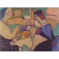 Carol Brennan Jaworski (b. 1940) Californian, MOURNERS I, acrylic painting on acetate, 18 x 24"...