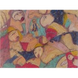 Carol Brennan Jaworski (b. 1940) Californian, MOURNERS II, acrylic painting on acetate, 18 x 24...