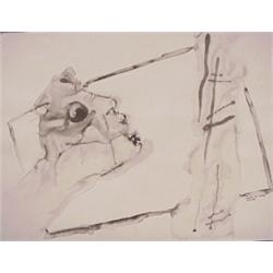 Kalik (20th Century) American, TIEMPO DE GUERRA, 1986, pen and ink wash on paper, 14 1/2 x 19",...