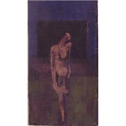 M'liz Keefe (20th Century) American, STANDING FIGURE, oil painting on un-stretched canvas, 26 1...