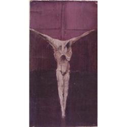 M'liz Keefe (20th Century) American, CRUCIFIX, acrylic painting on un-stretched canvas, 26 x 14...