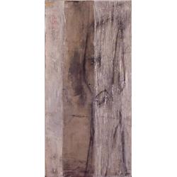 M'liz Keefe (20th Century) American, UNTITLED, 1999, sand oil painting on canvas, 70 x 34", sig...