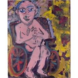 Peter Parks (b. 1947) American, NAKED PERSON IN WHEEL CHAIR, acrylic painting on canvas, 20 x 1...