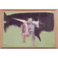 Roberto Sguazzi (b. 1965) Italian, BLACK WHALE AND GUARDIAN ON GREEN, acrylic painting & crayon...