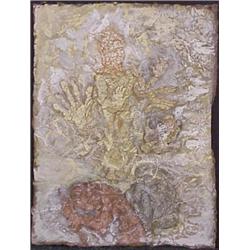 Shasi Shah (20th Century), BUDDAH FIGURE WITH MANY HANDS AND KNEELING BABY FIGURES, acrylic pai...