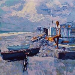 Nicola Simbari (b. 1927) Italian, BOATS AT SHORE, color screenprint on canvas, signed, from the...