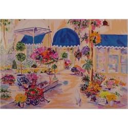 Dorothy Spangler (20th Century) American, FLOWER MARKET, PEBBLE BEACH, color screenprint with a...