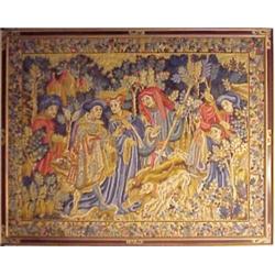 Tapestry, RENAISSANCE FIGURES WITH HOUNDS, a machine made wool tapestry, 51 x 65", carved wood...