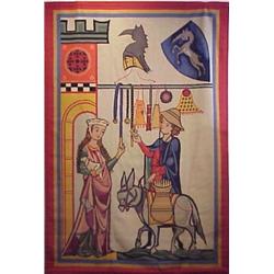 Tapestry, MEDIEVAL VENDOR, a fine hand-woven wool tapestry, 105 x 71", made in Greece. Starting...