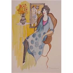Itzchak Tarkay (b. 1935) Yugoslavian/Israeli, THE VISITOR, watercolor on paper, 13 3/4 x 9 3/4"...