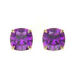 4 CTW Cushion Cut Amethyst Designer Solitaire Stud Earrings 18K Yellow Gold - REF-29N3Y - 21730