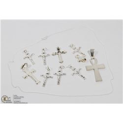 24) LOT OF 10 STERLING SILVER CROSSES W/ A CHAIN