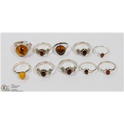 25) LOT OF 10 STERLING SILVER AMBER RINGS