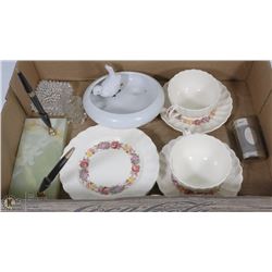 FLAT OF SMALL CANDLE HOLDERS AND CHINA CUPS AND