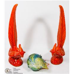 VINTAGE ORANGE PORCELAIN BIRDS + ORANGE SHELL