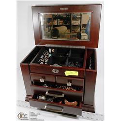 LARGE BROWN JEWELRY BOX W ESTATE JEWELRY INCL