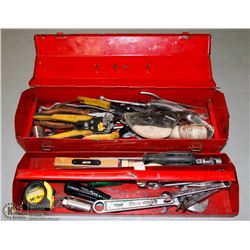 RED TOOL BOX WITH ASSORTMENT OF TOOLS