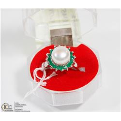 #94-GENUINE  AKOYA PEARL & EMERALD RING