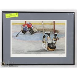 HE SCORES SIGNED, MATTED PRINT BY JOHN NEWBY