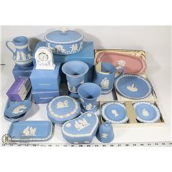 LARGE FLAT OF WEDGEWOOD BLUE DISHES INCL CLOCKS,