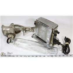 9) BOX W/ VINTAGE MEAT GRINDER MADE BY KEYSTONE,