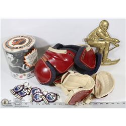 BOX W/ VINTAGE KIDS FOOTBALL SHOULDER PADS, NHL