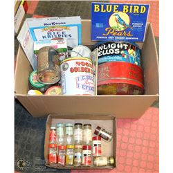LARGE BOX OF COLLECTIBLE TINS & VINTAGE SPICE