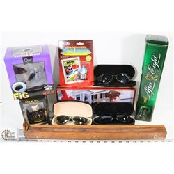 BOX WITH ASSORTED COLLECTIBLES INCL 3 PAIRS OF