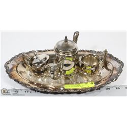 SILVER PLATED SMALL TEA POT, CREAM & SUGAR W/ TRAY