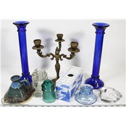 ASSORTMENT OF CANDLE HOLDERS AND HEMINGRAY