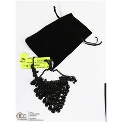 ART DECO BLACK BEAD BIB METAL MESH NECKLACE