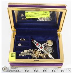 VINTAGE VELVET JEWELLERY BOX WITH VINTAGE