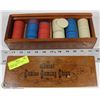 Image 1 : WOODEN BOX WITH CASINO GAMING CHIPS.