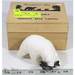 HAND CARVED GRIZZLEY BEAR WITH MARBLE FISH