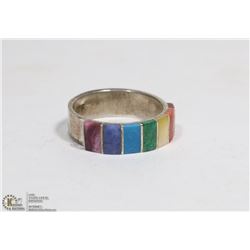 .950 STAMPED SILVER RING W/7 GEMSTONES -