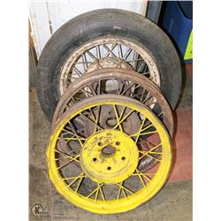 LOT OF THREE 1932 FORD WIRE WHEELS.