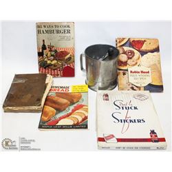BOX WITH VINTAGE COOKBOOKS, FLOUR SIFTER AND