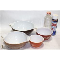 FLAT WITH 4 VINTAGE PYREX BOWLS PLUS NADP MILK