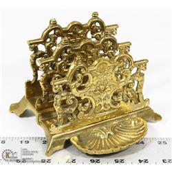 VINTAGE BRASS LETTER MAIL HOLDER WITH PEN REST