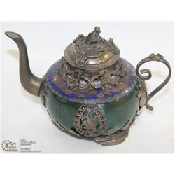 GREEN & JADE SILVER DRAGON TEA POT WITH MONKEY.