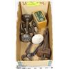 Image 1 : BOX  WITH ASSORTED TOOLS, LEVELS ANTIQUE DOOR