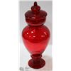 Image 1 : TALL CRANBERRY COLOURED SLENDER GLASS JAR