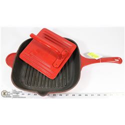 RED CAST IRON FRY PAN & PANINI PRESS.